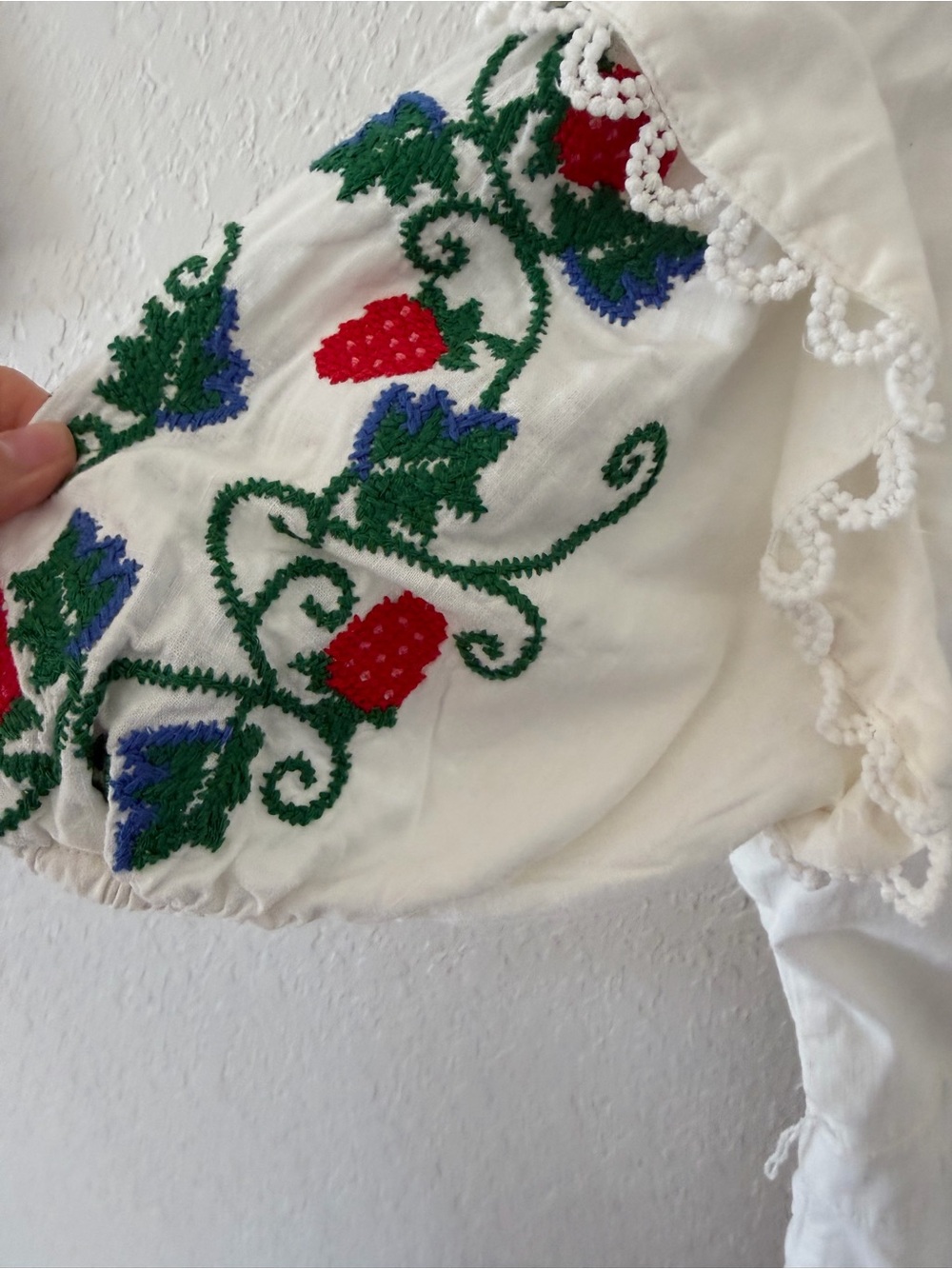 FARM Rio Cream Embroidered Strawberry Romper with Green & Red Accents - Picture 10 of 10